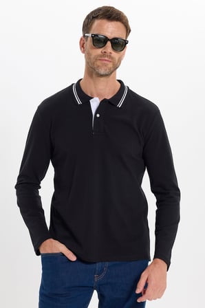 Erkek Slim Fit Dar Kesim %100 Pamuk Siyah Polo Yaka Sweatshirt