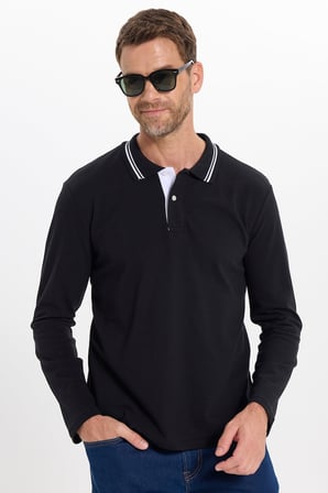 Erkek Slim Fit Dar Kesim %100 Pamuk Siyah Polo Yaka Sweatshirt