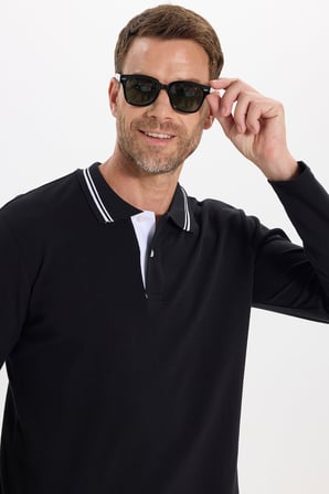 Erkek Slim Fit Dar Kesim %100 Pamuk Siyah Polo Yaka Sweatshirt