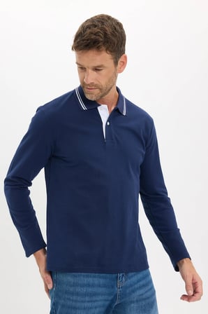 Erkek Slim Fit Dar Kesim %100 Pamuk Uzun Kollu Lacivert Polo Yaka Tişört
