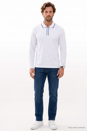 Erkek Slim Fit Dar Kesim %100 Pamuk Uzun Kollu Fermuarlı Beyaz Polo Yaka Tişört
