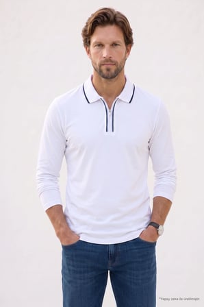 Erkek Slim Fit Dar Kesim %100 Pamuk Uzun Kollu Fermuarlı Beyaz Polo Yaka Tişört