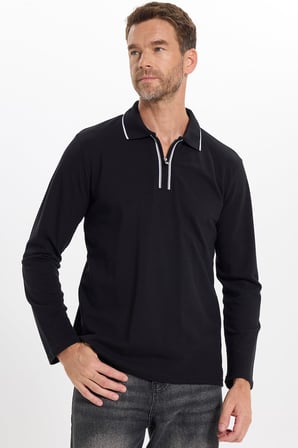 Erkek Slim Fit Dar Kesim %100 Pamuk Uzun Kollu Fermuarlı Siyah Polo Yaka Sweatshirt