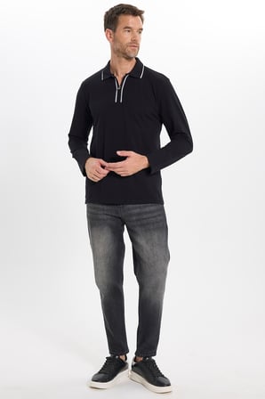 Erkek Slim Fit Dar Kesim %100 Pamuk Uzun Kollu Fermuarlı Siyah Polo Yaka Sweatshirt