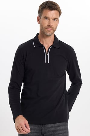 Erkek Slim Fit Dar Kesim %100 Pamuk Uzun Kollu Fermuarlı Siyah Polo Yaka Sweatshirt