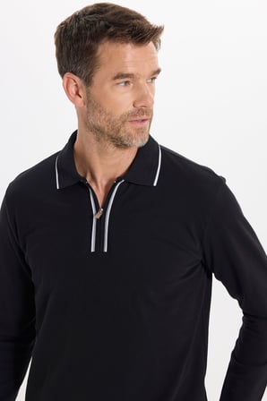 Erkek Slim Fit Dar Kesim %100 Pamuk Uzun Kollu Fermuarlı Siyah Polo Yaka Sweatshirt