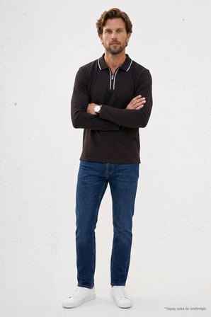 Erkek Slim Fit Dar Kesim %100 Pamuk Uzun Kollu Fermuarlı Kahverengi Polo Yaka Tişört