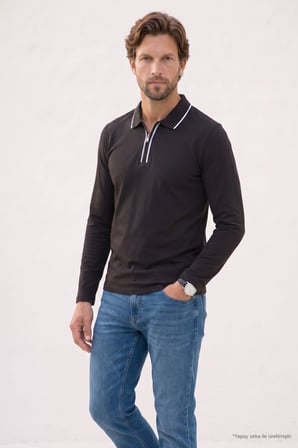 Erkek Slim Fit Dar Kesim %100 Pamuk Uzun Kollu Fermuarlı Kahverengi Polo Yaka Tişört