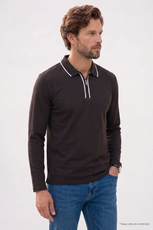 Erkek Slim Fit Dar Kesim %100 Pamuk Uzun Kollu Fermuarlı Kahverengi Polo Yaka Tişört