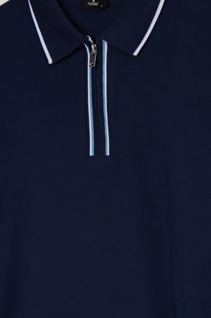 Erkek Slim Fit Dar Kesim %100 Pamuk Uzun Kollu Fermuarlı Lacivert Polo Yaka Tişört