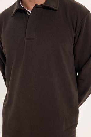 Erkek Relax Fit Rahat Kesim Pamuklu Yumuşak Dokulu 3 İplik Kahverengi Polo Yaka Sweatshirt