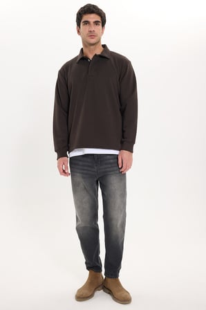 Erkek Relax Fit Rahat Kesim Pamuklu Yumuşak Dokulu 3 İplik Kahverengi Polo Yaka Sweatshirt