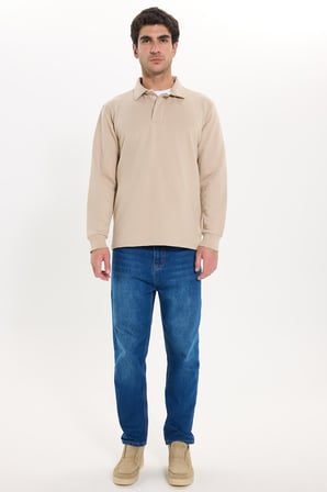 Erkek Relax Fit Rahat Kesim Pamuklu Yumuşak Dokulu 3 İplik Taş Polo Yaka Sweatshirt