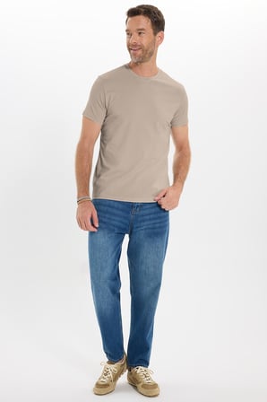 Erkek Slim Fit Dar Kesim Pamuklu Yumuşak Doku Likralı Esnek Kumaş Basic Bej Bisiklet Yaka Tişört