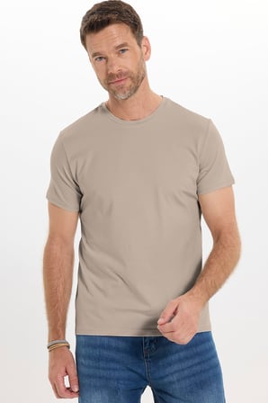 Erkek Slim Fit Dar Kesim Pamuklu Yumuşak Doku Likralı Esnek Kumaş Basic Bej Bisiklet Yaka Tişört