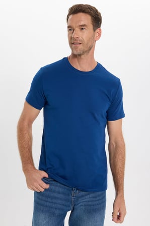 Erkek Slim Fit Dar Kesim Pamuklu Yumuşak Doku Likralı Esnek Kumaş Lacivert Bisiklet Yaka Tişört