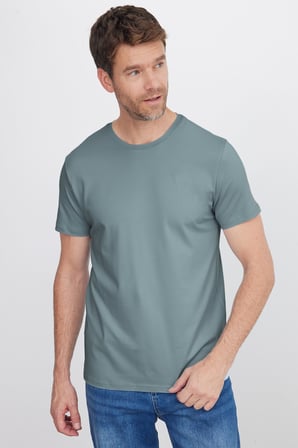 Erkek Slim Fit Dar Kesim Pamuklu Yumuşak Doku Esnek Kumaş Basic Açık Petrol Bisiklet Yaka Tişört