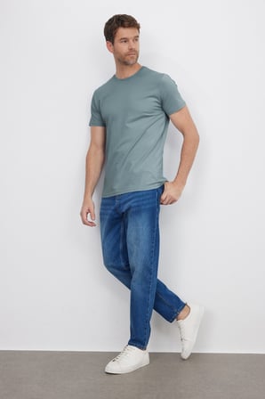 Erkek Slim Fit Dar Kesim Pamuklu Yumuşak Doku Esnek Kumaş Basic Açık Petrol Bisiklet Yaka Tişört