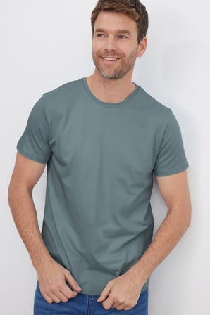 Erkek Slim Fit Dar Kesim Pamuklu Yumuşak Doku Esnek Kumaş Basic Açık Petrol Bisiklet Yaka Tişört