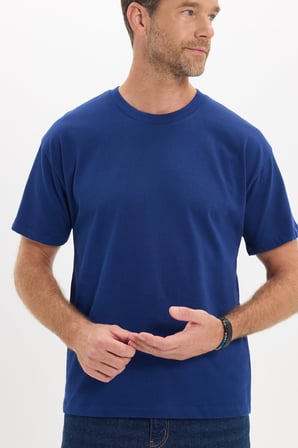 Erkek Boxy Fit Bol Kesim %100 Pamuk Bisiklet Yaka Lacivert Tişört