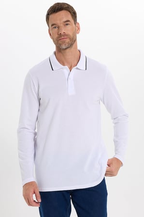 Erkek Regular Fit Rahat Kesim %100 Pamuk Düğmeli Beyaz Polo Yaka Sweatshirt