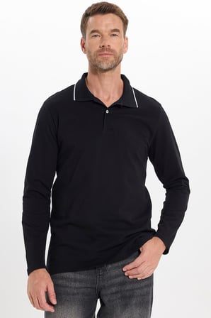 Erkek Regular Fit Rahat Kesim %100 Pamuk Düğmeli Siyah Polo Yaka Sweatshirt