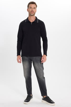 Erkek Regular Fit Rahat Kesim %100 Pamuk Düğmeli Siyah Polo Yaka Sweatshirt