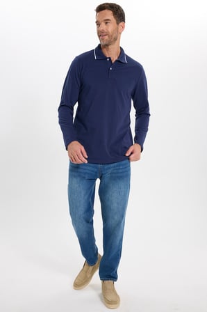 Erkek Regular Fit Rahat Kesim %100 Pamuk Düğmeli Lacivert Polo Yaka Sweatshirt
