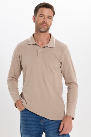 Erkek Regular Fit Rahat Kesim %100 Pamuk Düğmeli Taş Rengi Polo Yaka Sweatshirt