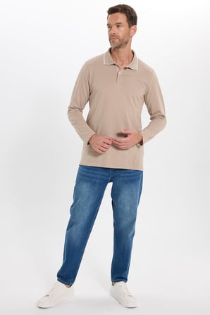 Erkek Regular Fit Rahat Kesim %100 Pamuk Düğmeli Taş Rengi Polo Yaka Sweatshirt