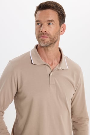 Erkek Regular Fit Rahat Kesim %100 Pamuk Düğmeli Taş Rengi Polo Yaka Sweatshirt