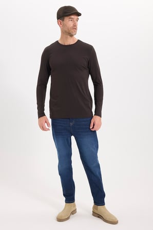Erkek Slim Fit Dar Kesim Pamuklu Yumuşak Dokulu Bisiklet Yaka Likralı Kahverengi Sweatshirt