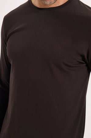 Erkek Slim Fit Dar Kesim Pamuklu Yumuşak Dokulu Bisiklet Yaka Likralı Kahverengi Sweatshirt