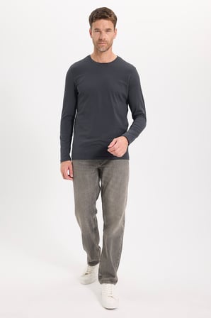 Erkek Slim Fit Dar Kesim Pamuklu Yumuşak Dokulu Bisiklet Yaka Likralı Gri Sweatshirt