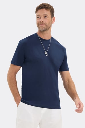 Erkek Loose Fit Rahat Kesim %100 Pamuk Yumuşak Dokulu Kısa Kollu Lacivert Bisiklet Yaka Tişört
