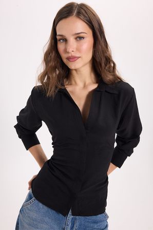 Kadın Slim Fit Dar Kesim Bel ve Sırt Bağlamalı Siyah Gömlek 