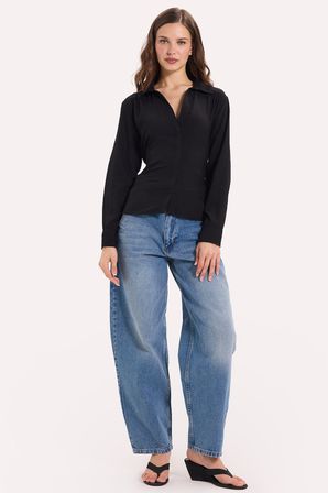 Kadın Slim Fit Dar Kesim Bel ve Sırt Bağlamalı Siyah Gömlek 