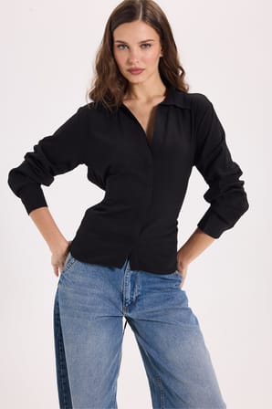 Kadın Slim Fit Dar Kesim Bel ve Sırt Bağlamalı Siyah Gömlek 
