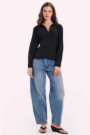 Kadın Slim Fit Dar Kesim Bel ve Sırt Bağlamalı Siyah Gömlek 
