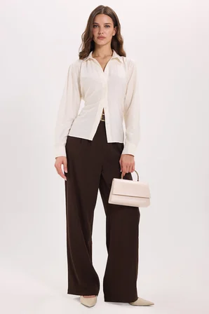 Kadın Slim Fit Dar Kesim Bel ve Sırt Bağlamalı Ekru Gömlek 