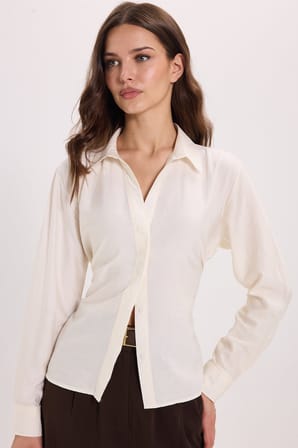 Kadın Slim Fit Dar Kesim Bel ve Sırt Bağlamalı Ekru Gömlek 