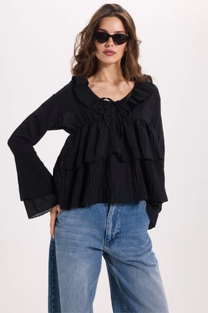 Kadın Slim Fit Dar Kesim V Yaka Fırfır Detaylı Uzun Kol Siyah Bluz 