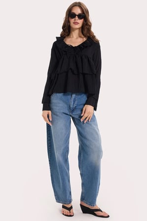 Kadın Slim Fit Dar Kesim V Yaka Fırfır Detaylı Uzun Kol Siyah Bluz 