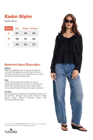 Kadın Slim Fit Dar Kesim V Yaka Fırfır Detaylı Uzun Kol Siyah Bluz 