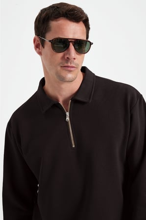 Erkek Relax Fit Rahat Kesim Pamuklu 3 İplik Fermuarlı Polo Yaka Kahverengi Sweatshirt