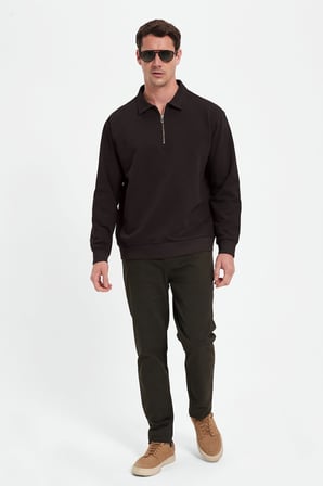 Erkek Relax Fit Rahat Kesim Pamuklu 3 İplik Fermuarlı Polo Yaka Kahverengi Sweatshirt
