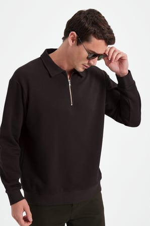 Erkek Relax Fit Rahat Kesim Pamuklu 3 İplik Fermuarlı Polo Yaka Kahverengi Sweatshirt