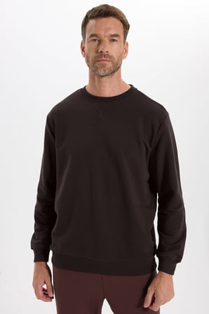 Unisex Relax Fit Rahat Kesim %100 Pamuk 3 İplik Basic Kahverengi Bisiklet Yaka Sweatshirt
