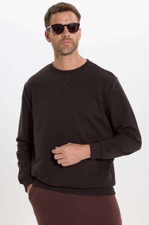 Unisex Relax Fit Rahat Kesim %100 Pamuk 3 İplik Basic Kahverengi Bisiklet Yaka Sweatshirt