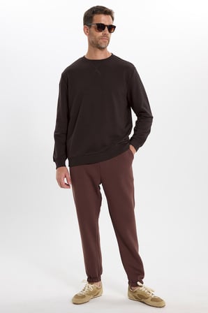 Unisex Relax Fit Rahat Kesim %100 Pamuk 3 İplik Basic Kahverengi Bisiklet Yaka Sweatshirt